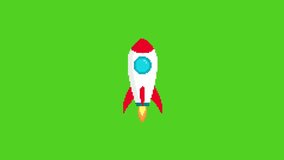 Pixel rocket fly on green background. pixel art looped animation. chroma key.green background