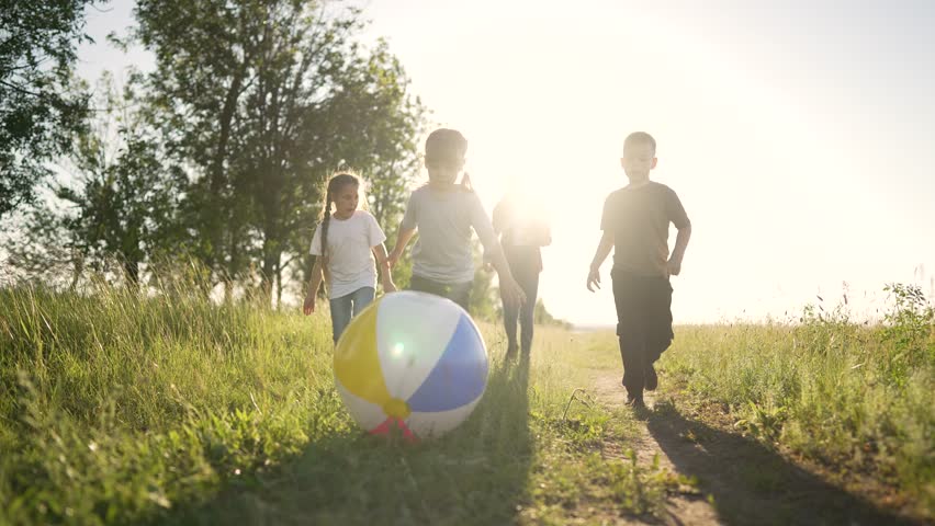 Happy team of children in park with ball. Healthy active children have fun play in field on green grass. Group of kid in summer on grass play football together with ball.Boys and girls on lawn in park | Shutterstock HD Video #1098625905