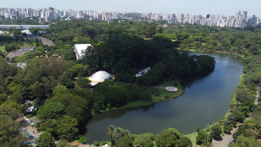 Aerial video of Ibirapuera Park, one of the largest and most popular public parks in Sao Paulo, Brazil.