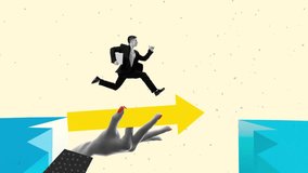 Stop motion, animation. Forward to the goal. Human hand supporting businessman, who running to buisness target. Contemporary art. Inspiration, idea. Concept of teamwork, occupation, increase in sales - Powered by Shutterstock - Get 15% off with code: PIKWIZARD15