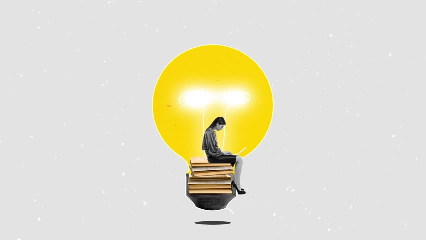 Stop motion, animation. Woman sitting in light bulb. Idea, innovation, creativity, solution concept. Businesswoman having a good idea for a business. Contemporary creative art, design. Thought process Royalty-Free Stock Footage #1098630741