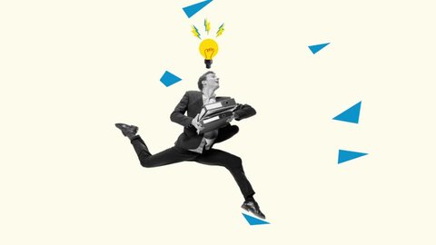 Stop motion, animation. Man running with light bulb. Idea, innovation, creativity, solution concept. Businessman having a good idea for a business. Creative art, design. Thought process, startup : vidéo de stock