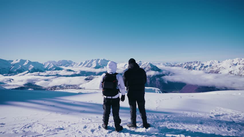 4k Tourists observing snow-capped mountains
