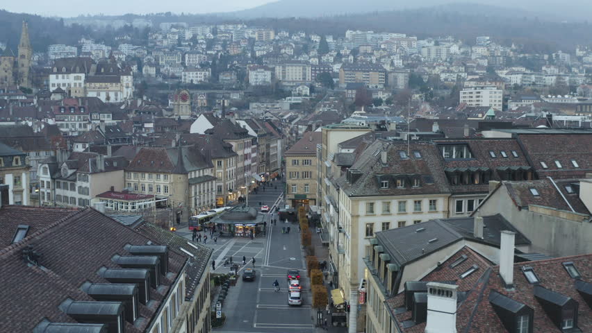 Aerial view of the old town of Neuchatel in Switzerland. 4K