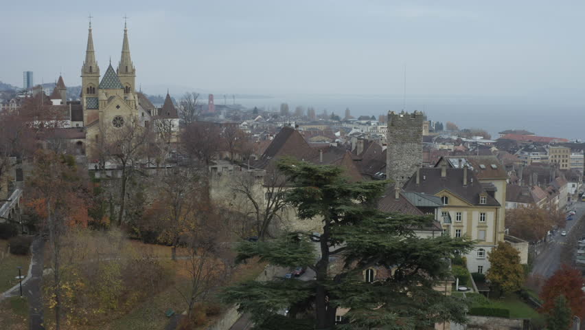 Aerial view of the Collegiate Church of Neuchatel in Switzerland. 4K