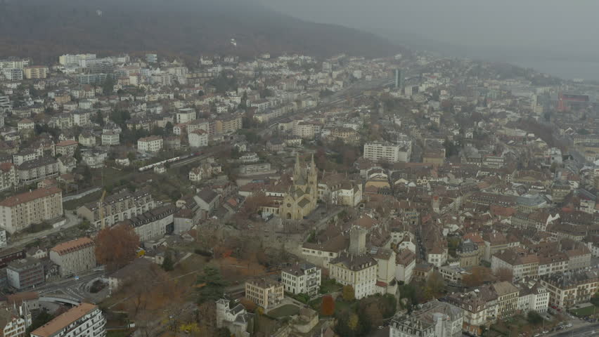 Aerial view of the old town of Neuchatel in Switzerland. 4K