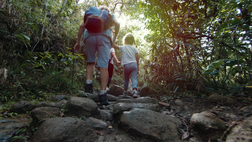 Family hiking in the tropical forest. Extended family with kids explore the trail and hike in the lush jungles Royalty-Free Stock Footage #1098636615