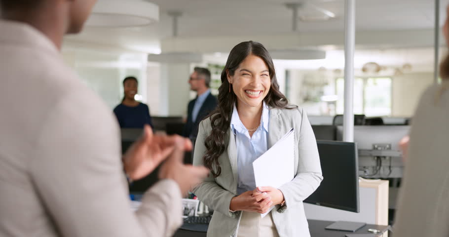 Applause, support and business woman with thank you and success in workplace, solidarity and respect with happiness in job. Celebrate, community and congratulations on promotion or bonus at work. Royalty-Free Stock Footage #1098637415