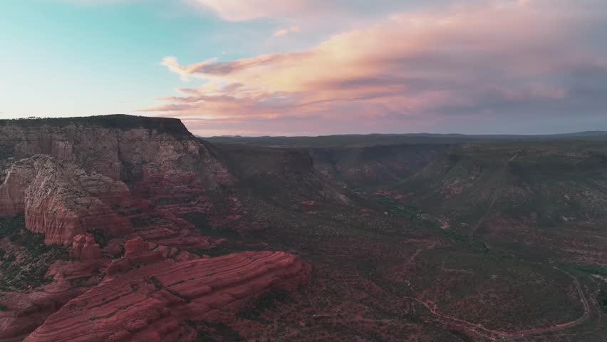 Eroded And Layered Earth Rocks Outside Sedona In Arizona. Aerial Wide Shot