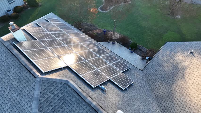 Aerial of sunlight reflecting on solar panel array. Cold winter scene in suburban USA home. | Shutterstock HD Video #1098638927