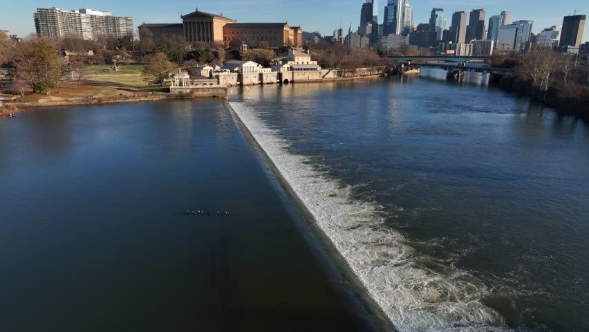 Fairmount Park and Philadelphia Museum of Art. Aerial reveal of Philly skyline on sunny day.