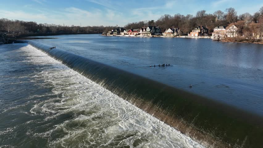 Schuylkill River in Philadelphia. Fairmount Park and Boathouse Row on sunny day. Aerial view.