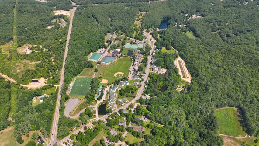 New Hampton historic center including New Hampton School aerial view on Main Street in summer in town of New Hampton, New Hampshire NH, USA. 
