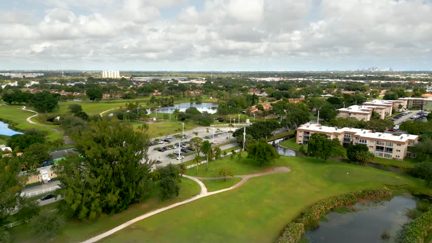 Golf course landscaped in Davie Florida 4k drone video