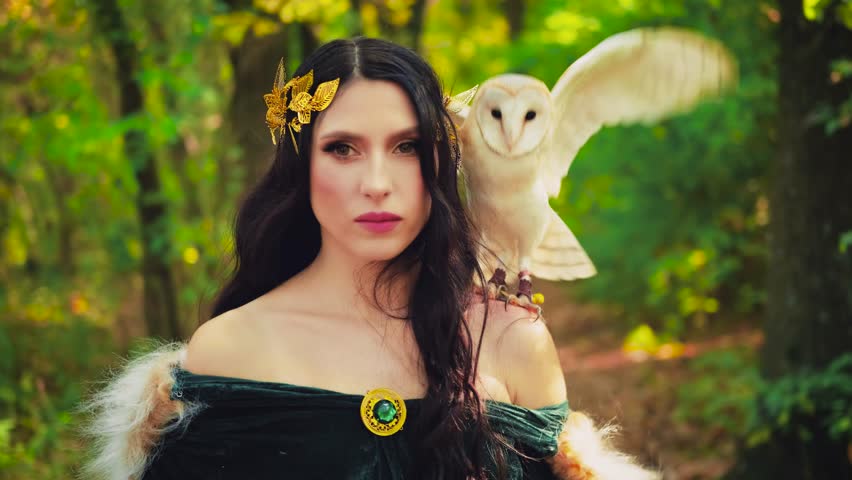 Art portrait Fantasy woman goddess elf, white bird owl barn owl sits on shoulder. Autumn yellow forest trees magical sun divine light. Green dress fur cape Greek style gold wreath. Summer nature 4k