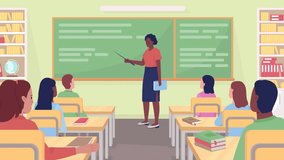 Animated teacher instructing class. Educator holding pointer and book. Students listening. Looped flat color 2D cartoon characters animation with chalkboard on background. HD video with alpha channel