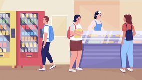 Animated high school cafeteria. Food service. Lunch program. Students. Looped flat color 2D cartoon characters animation with vending machine, counter on background. HD video with alpha channel
