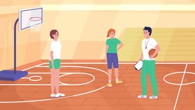 Animated physical education in gym. Workout for teens. Students and teacher. Looped flat color 2D cartoon characters animation with school environment on background. HD video with alpha channel