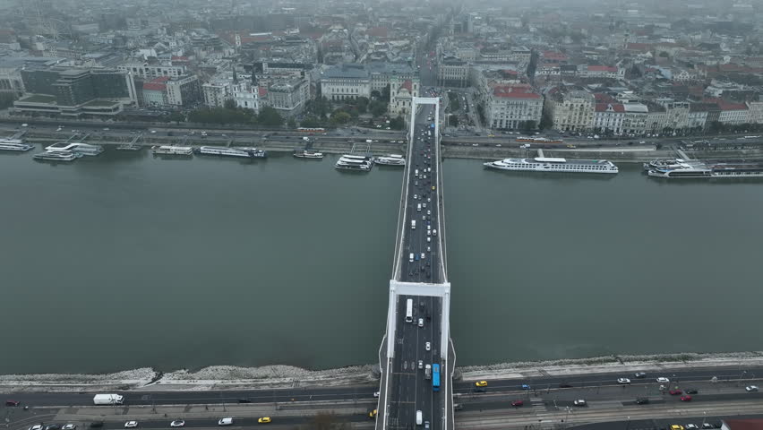 Establishing Aerial View Shot of Budapest, Hungary. Elisabeth Bridge or Erzsebet hid is the third newest bridge of Budapest, connecting Buda and Pest across the River Danube | Shutterstock HD Video #1098646869
