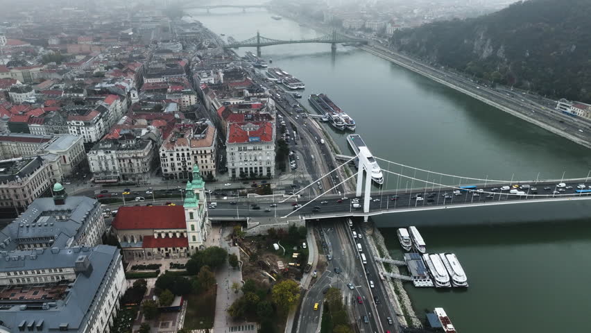 Establishing Aerial View Shot of Budapest, Hungary. Elisabeth Bridge or Erzsebet hid is the third newest bridge of Budapest, connecting Buda and Pest across the River Danube | Shutterstock HD Video #1098646871