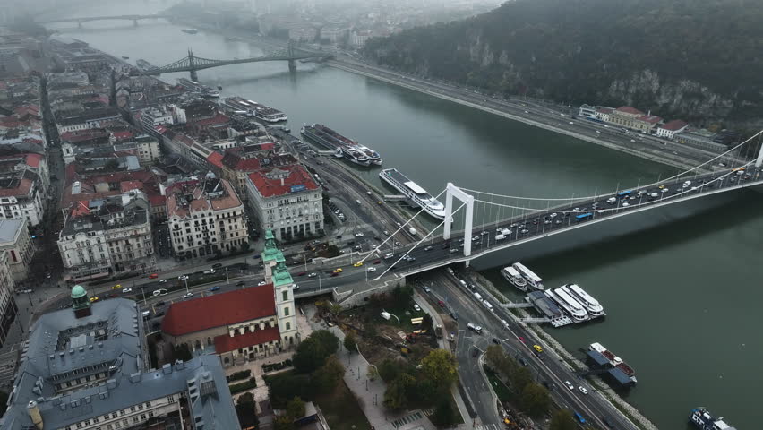 Establishing Aerial View Shot of Budapest, Hungary. Elisabeth Bridge or Erzsebet hid is the third newest bridge of Budapest, connecting Buda and Pest across the River Danube | Shutterstock HD Video #1098646873