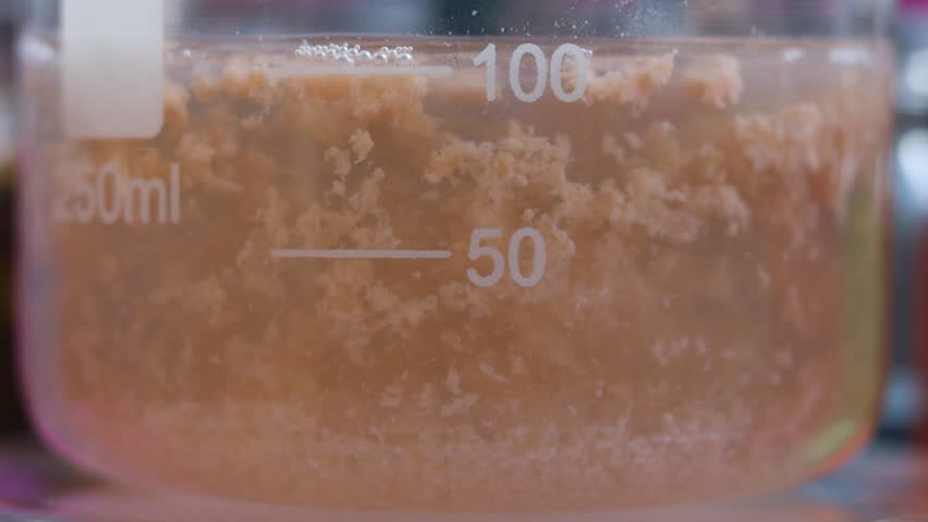 A slow physicochemical process of precipitation of heavy water-insoluble manganese sulfide particles at the bottom of a chemical beaker. Royalty-Free Stock Footage #1098647201