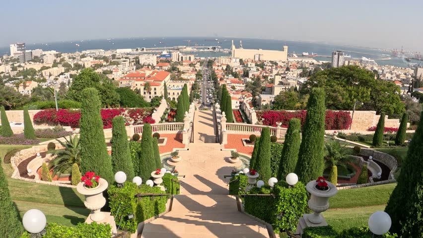 Walking down the stairs in Bahai Gardens in Haifa, Israel