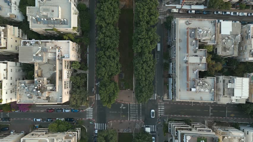 Aerial shot of The Rothschild Boulevard in Tel Aviv, Israel