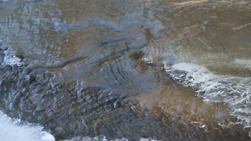 Ice on frozen river, water flowing around, closeup macro detail