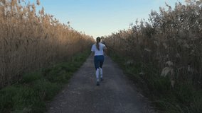 Young fit caucasian female athlete running on the gravel road in reeds at the sunset time. Recreational fitness jogging, cardio activity workout. Back view follow camera video. Slow motion footage 4k
