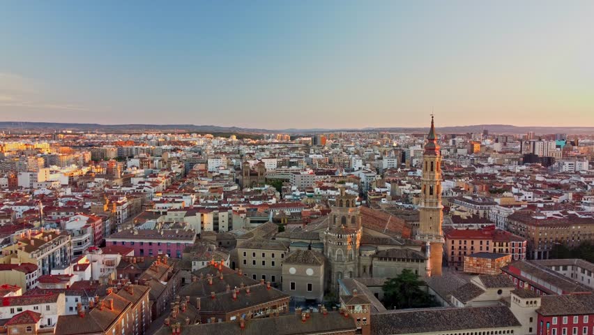 Sunset Aereal Panorama at Cathedral-Basilica of Our Lady of the Pillar in Zaragoza Spain 