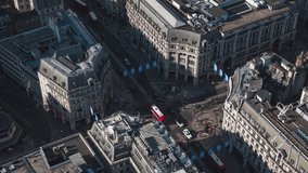 Establishing Aerial View Shot of London UK, United Kingdom, Oxford Circus, Oxford Street, Regent Street, between Marylebone, Fitzrovia, Mayfair, Soho, day sunny