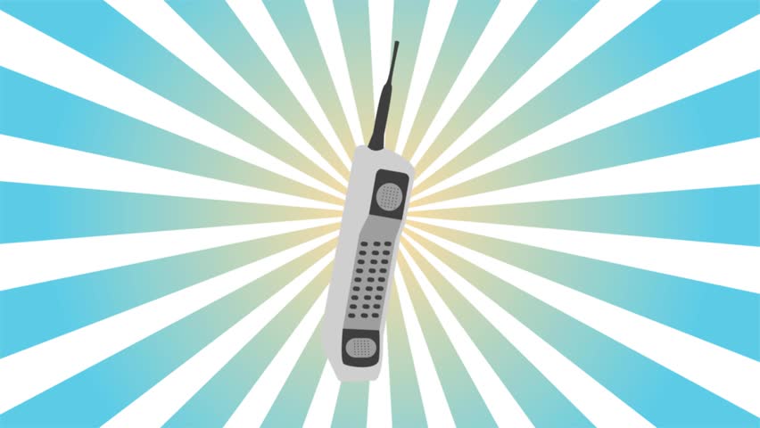 Retro mobile phone old vintage hipster for geeks from 70s, 80s, 90s on blue rays background. Video in high quality 4k, motion design