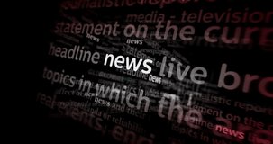 News headline news titles across international media with information overload and anxiety. Abstract concept displays loop. Dynamic flight between screens with glitch effect seamless looped 3d.