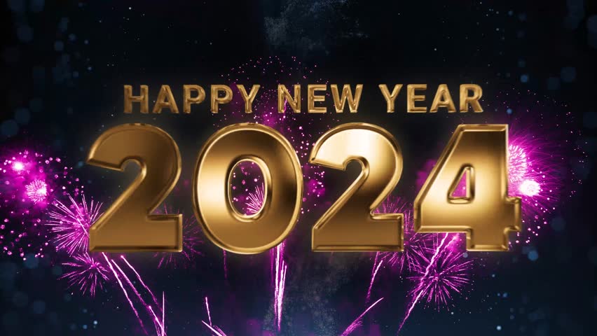 Happy New Year 2024 Celebration. New year Greeting With Fireworks 4k Resolution V2