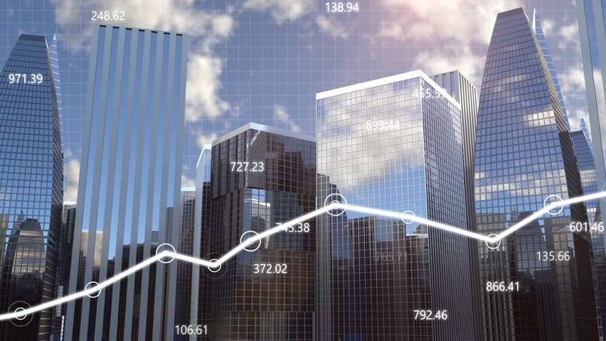 Growing chart and financial curve with business figures on the annual statement report on the background of the office building skyscrapers. Business finance information on the increase graphic.