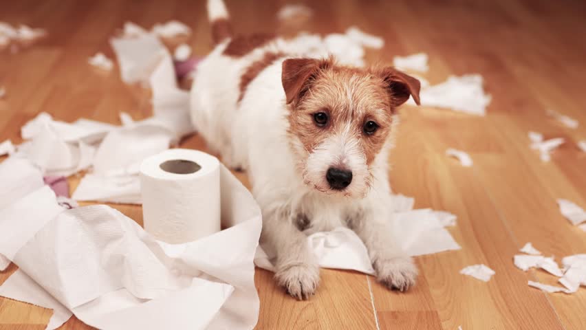 Funny, active naughty pet dog after biting, chewing a toilet paper at home. Dog mischief, disobedient puppy training concept. | Shutterstock HD Video #1098671807