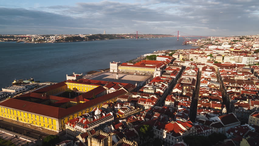 Establishing Aerial View of Lisbon, City Skyline, Portugal, Commerce Plaza, very city center, Triumph Arch in Rua Augusta Royalty-Free Stock Footage #1098671909