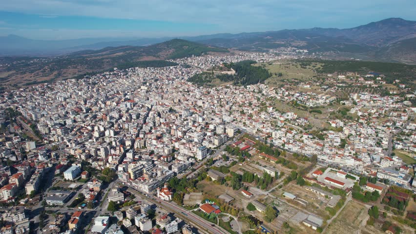 Aerial view of the city Lamia in Greece on an early morning in autumn