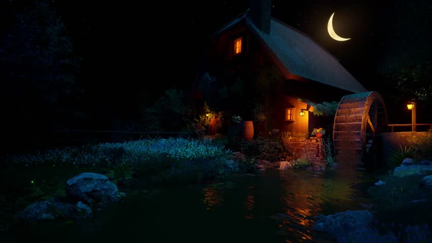 Summer cozy evening near the river, against the background of an old water mill with slowly falling water. The concept of a cozy environment, relaxation, rest and meditation. 3D animation. | Shutterstock HD Video #1098672185