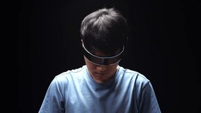 Close Up Of Asian Man Making Gestures With Hands In Air, Play 3D Video Game In Futuristic Goggles
