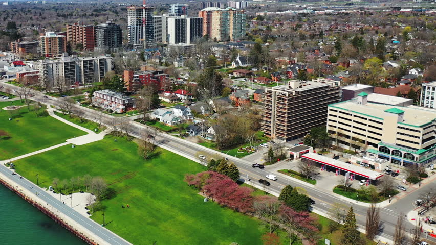 Aerial view of Burlington, Ontario, Canada by the lake 4K