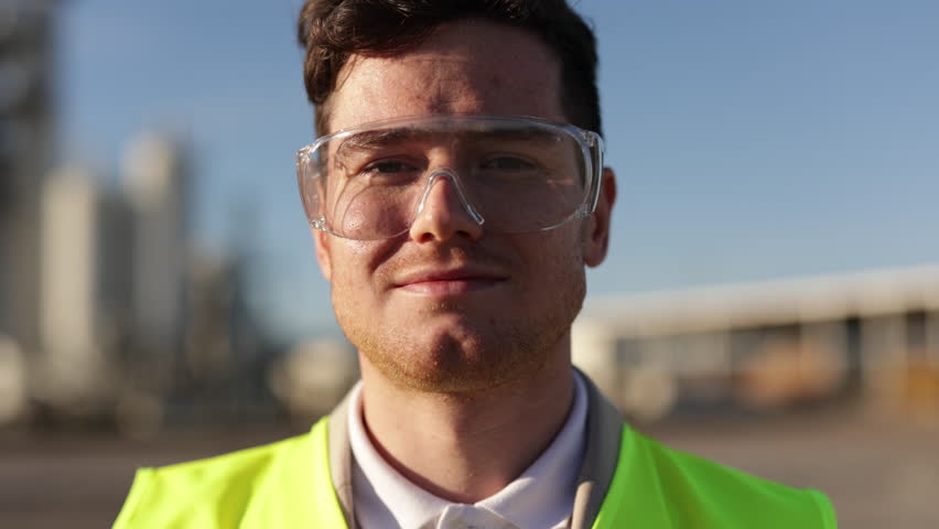 Close Up Portrait of Professional Heavy Industry Engineer, Worker Wear Safety Uniform, Goggles and Hard Hat. In the Background Unfocused Large Industrial Factory Royalty-Free Stock Footage #1098674721