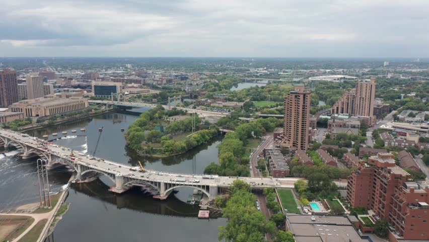 Aerial view of Central Avenue Bridge in Minneapolis, Minnesota on an overcast day