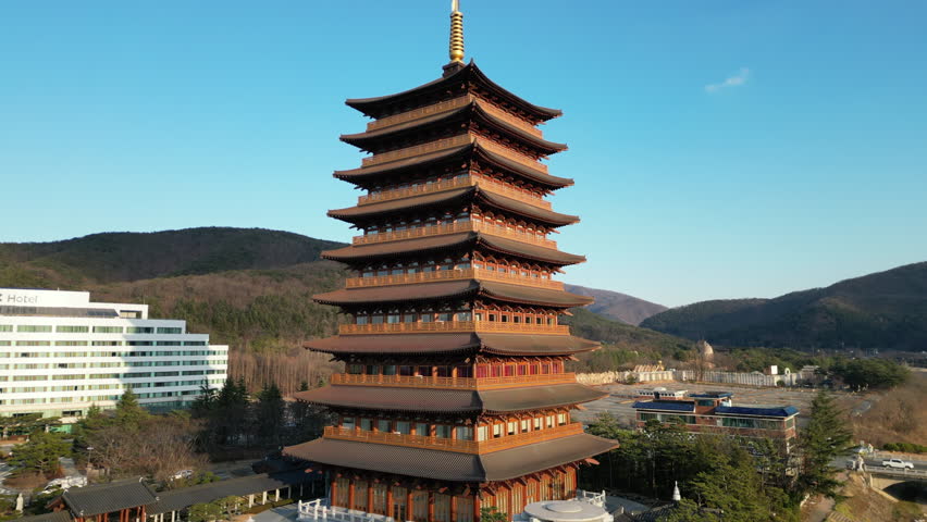 Buddhism pagoda aerial winter view at Gyeongju, South Korea