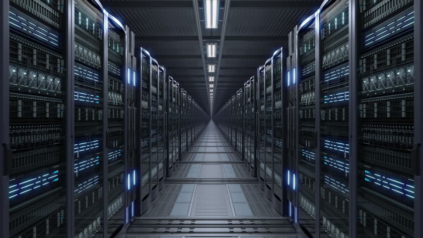 Network and data servers in the Big Data Center. Cloud computing data storage. Walkthrough racks of network and information servers, 4K High-Quality loopable Animation. | Shutterstock HD Video #1098680383