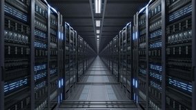 Network and data servers in the Big Data Center. Cloud computing data storage. Walkthrough racks of network and information servers, 4K High-Quality loopable Animation. - Powered by Shutterstock - Get 15% off with code: PIKWIZARD15