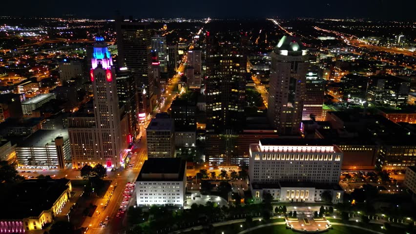 Downtown Aerial Cityscape Night - Columbus, Ohio