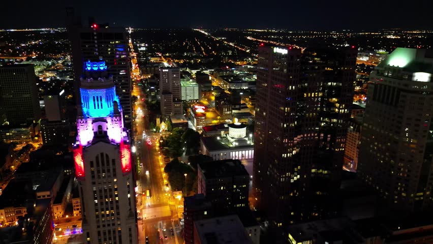 Night Cityscape Aerial Shot of Leveque Tower, Ohio Statehouse and Supreme Court - Columbus, Ohio