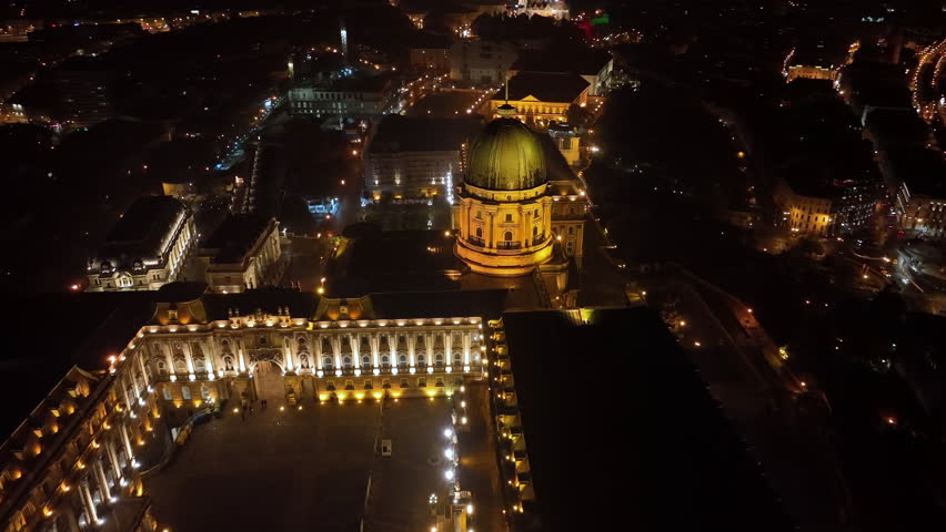 Aerial night view of Buda Castle Royal Palace in Budapest, Hungary 